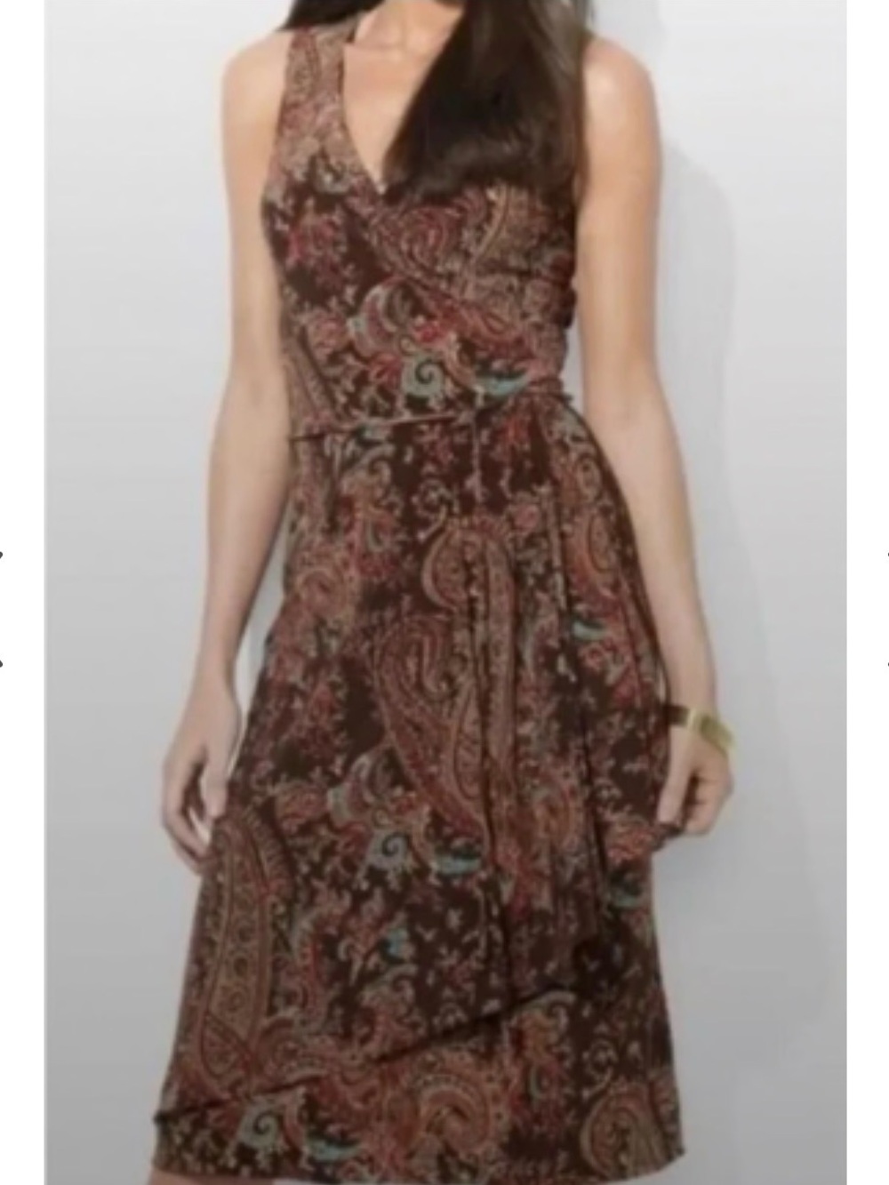 Ralph Lauren Brown Paisley Faux Wrap Mid Dress